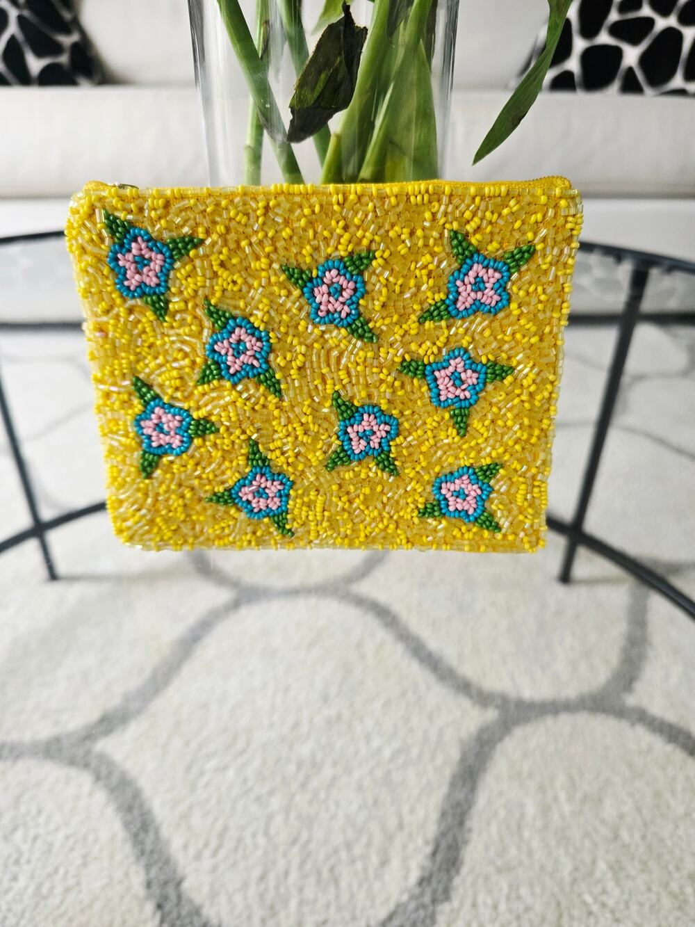 Kay Lee Yellow Floral Beaded Small Zipper Bag New